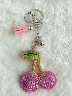 Pink and Green Rhinestone Cherry Keychain Bag Charm